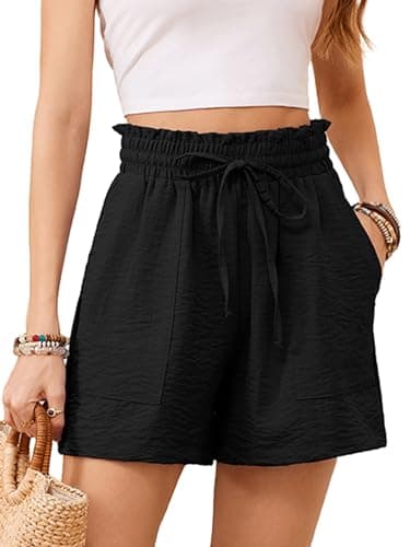KORSIS Women Shorts High Waist Elastic Summer Lounge Casual Beach Vacation Work Loose Trousers with Pockets Black M - Image 1
