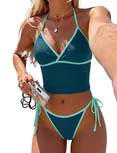 ZAFUL Tankini Swimsuits for Women Floral Printed Halter Swimsuits Tie Side Chic Tankini Set Bathing Suits Tummy Control High Cut Two Piece Bikini Sets Dark Green M - Image 1
