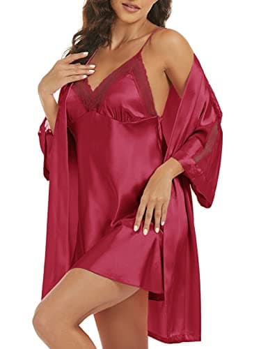 Moreone Women's Silk Pajamas Sets Satin Lace Pj Set 2 Piece Sexy Nightgown Sleepwear Cami Nightwear with Robe - Image 1
