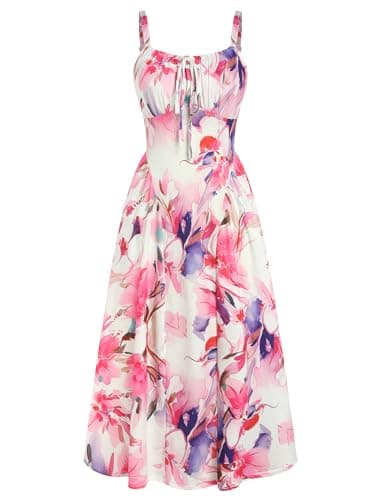 ZAFUL Wedding Guest Dresses for Women Floral Corset Midi Dresses 2026 Flowy Summer Sundress with Pockets Pink Floral XL - Image 1