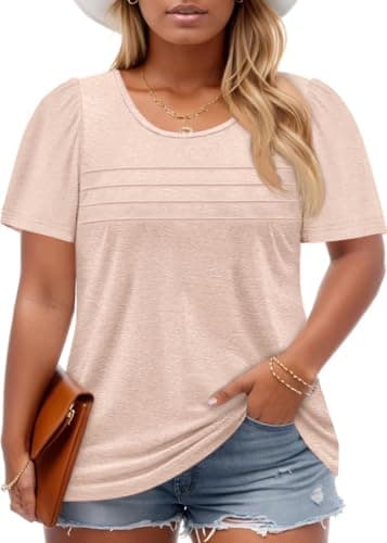 Imily Bela Womens Plus Size Tops 2025 Dressy Casual Short Sleeve Tunic Summer Crew Neck Flowy Pleated Tees Apricot - Image 1