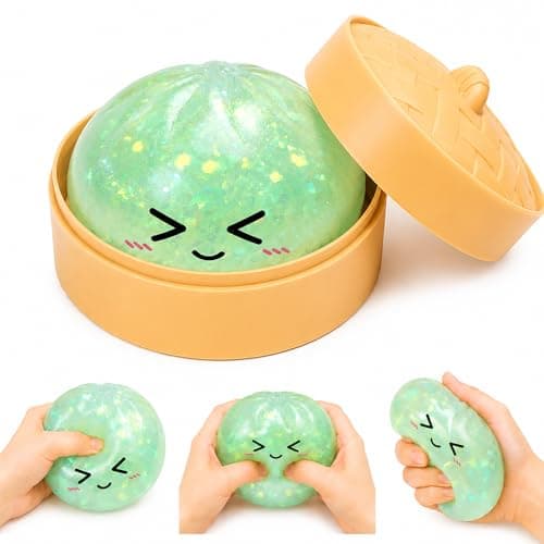 Glitter Green Dumpling Squishies, Shimmering Colorful Squishies Dumplings, Mystery Bao Bun Squishys with Steamer Box, Soft Squeeze Stretch Desk Toy for Stress Relief, Washable Fidget Sensory Tool