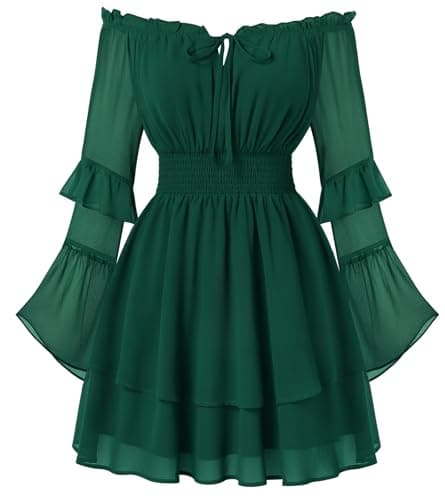 Scarlet Darkness Women Renaissance Dress Off Shoulder Long Sleeve Fairy Pirate Dresses Ruffle Flowy Mini Dress Emerald Green XL - Image 1