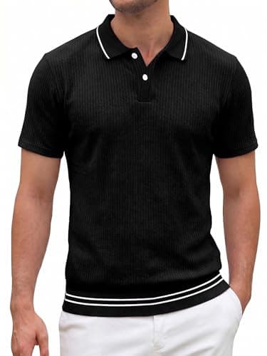 Crastimo Men's Textured Polo Shirt Vertical Rib Short Sleeve Contrast Trim Collar Hem 2-Button Classic Fit Casual Golf Black XL - Image 1
