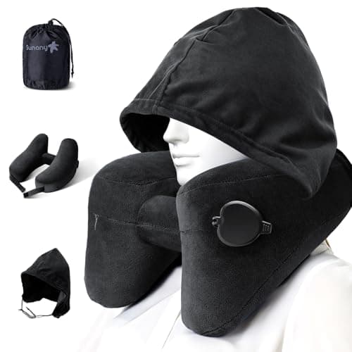 Neck Pillow for Travel Inflatable Airplane Pillow Comfortably Supports Head,Neck and Chin,Inflatable Travel Pillow with Soft Velour Cover,Hat,Portable Drawstring Bag (Black) - Image 1