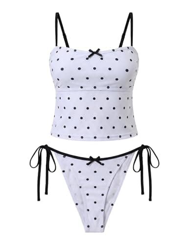 seamoly Womens Bowknot Bathing Suit Open Back Padded Two Piece Swimsuit High Cut Triangle Bikini Set Black Polka Dots XS - Image 1