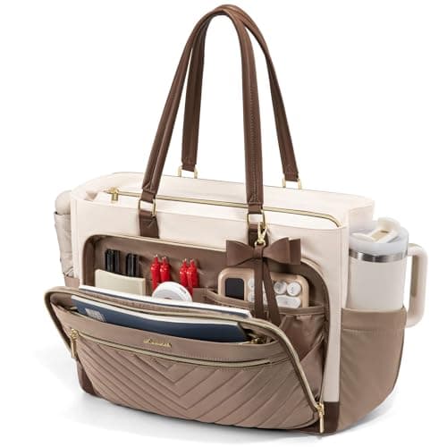 LOVEVOOK 17 Inch Laptop Tote Bag for Women, Diaper Bag for Travel, Teacher Work Bag with Large Cup Holder, Business Travel Ready Teacher Gift Tote for Nurse, Khaki-beige-Coffee