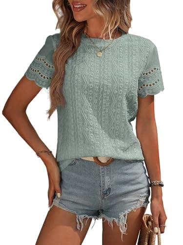 RICHSTORY Womens Summer Tops 2026 Crewneck Short Sleeve Shirts Soft Textured Eyelet Work Top Spring Blouses for Women Dressy Casual Green Small - Image 1