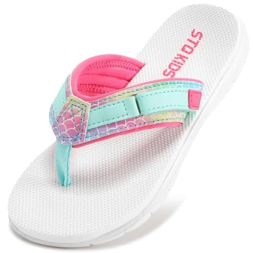 Girls Flip Flops Kids Sandals Summer Beach Non Slip Outdoor & Intdoor Little/Big Girl Comfortable Fashion Lightweight Soft Bathroom Pool Swimming Shower Home House Sport White Teal Big Kid 5 - Image 1