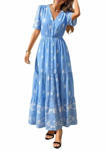 PRETTYGARDEN Womens Summer Boho Maxi Dress 2026 Trendy Short Sleeve V Neck Flowy Beach Floral Dresses with Pockets (Sky Blue,XX-Large) - Image 1