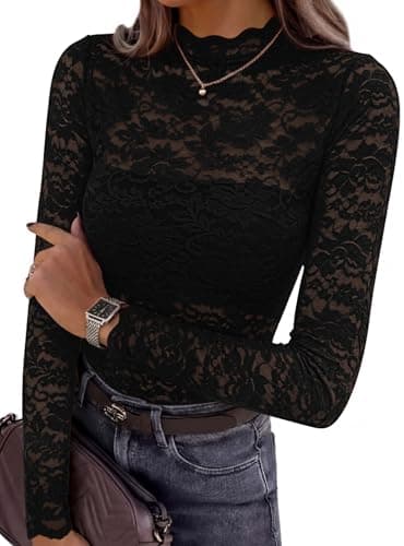 PRETTYGARDEN Womens Lace Long Sleeve Top Mesh Sheer Blouses Mock Neck See Through Slim Fitted Tops 2026 Fall Fashion Clothes (Black,Large) - Image 1