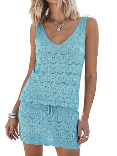 Womens Crochet Swimsuit Cover Up Set 2 Piece Knit V Neck Swimwear Beach Bathing Suit 2026 Summer Vacation Outfit Resort Wear Light Blue - Image 1