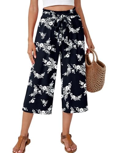 Moodclo High Waisted Wide Leg Pants White Flower Navy Large for Women Summer Beach Vacation Lounge Trousers with Pockets 2026 Trendy - Image 1