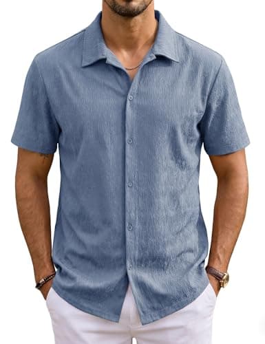 URRU Mens Short Sleeve Dress Shirts Casual Stretch Wrinkle Free Button Down Shirts Beach Summer Tops Deep Blue XXL - Image 1