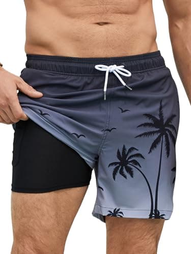 Mens Swim Trunks Compression Liner No Mesh Swimming Trunks Men Swimwear Quick Dry Above Knee Zipper Pocket Swim Shorts - Image 1