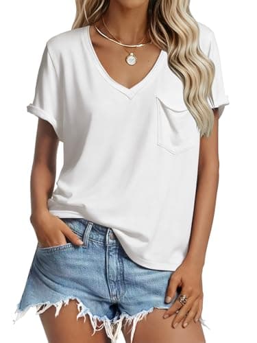 MAOECO V Neck Tshirts Shirts for Women Short Sleeve Summer Tops Oversized Loose Fit Casual Dressy Beach Outfits Trendy 2026 Basic Tees White XL - Image 1