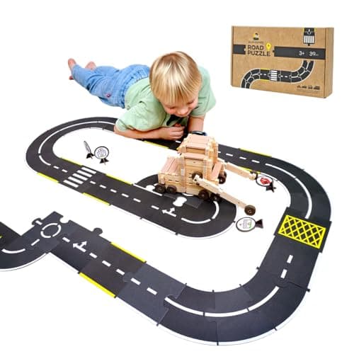 Jovi-mindly &Notchies 39 Pieces Cardboard Road Puzzle Car Track Flexible Race Track for Kids Car Truck/Kids Travel Toys/Stem Toys Activities for Ages 3+ Boy and Girl - Image 1