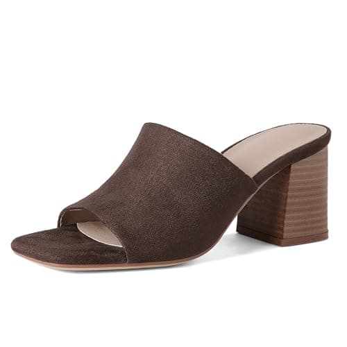 Ancomafio Women's Heeled Sandals Chunky Heels Square Open Toe Mules Backless Block Sandals Slip On Chocolate Brown Size 10 - Image 1