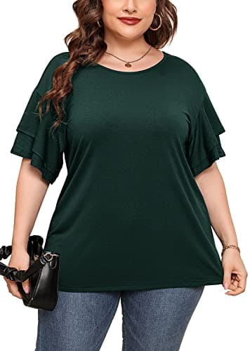 AusLook Plus Size Womens Tops Dark Green 3X Christmas Tunic Double Ruffle Short Sleeve Blouses Crewneck Clothing Summer Tee Ladies Clothes Flowy Dressy Casual Loose Fit Outfits Maternity T Shirts - Image 1