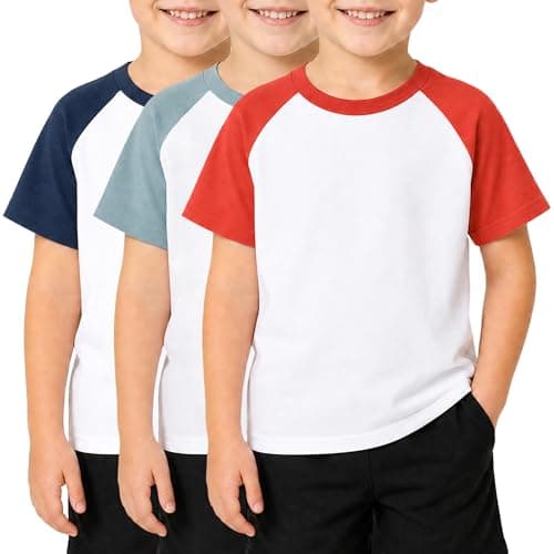 Wenlia Boys Shirts Short Sleeve Cotton Tees Raglan Athletic & Casual 3-Pack Tops Kids Toddler Activewear, Navy/Blue/Red, 4-6 Years - Image 1