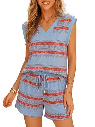 Dokotoo Tank Tops for Women Summer Sexy V-Neck Sleeveless Shirts and Tie Waist Shorts Pants with Pockets 2026 Two Piece Sets Resort Wear Sky Blue Stripe XX-Large - Image 1