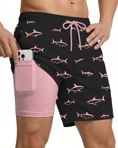 7 Inch 7in Men Swim Trunks Compression Liner Quick Dry Drawstring Male Swimwear Swimsuit Swimtrunks Boardshorts Bathing Suit Fair Beach Water Shorts Zipper Mesh Pocket Lined Inseam Harbor Black Shark - Image 1