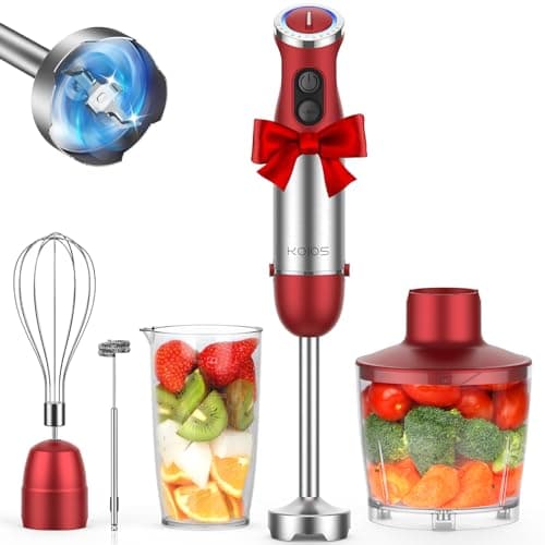 KOIOS 5-in-1 Hand Immersion Blender, 1000W 12 Speed Handheld Blender Stick with Copper Motor Stainless Steel Blade, 600ml Mixing Beaker,500ml Food Processor, Whisk, Milk Frother, Non-BPA, Red - Image 1