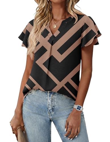 Womens Geometric Tops Summer Dressy Casual Boho Cute V Neck Ruffle Sleeve Blouses Flowy Shirts - Image 1
