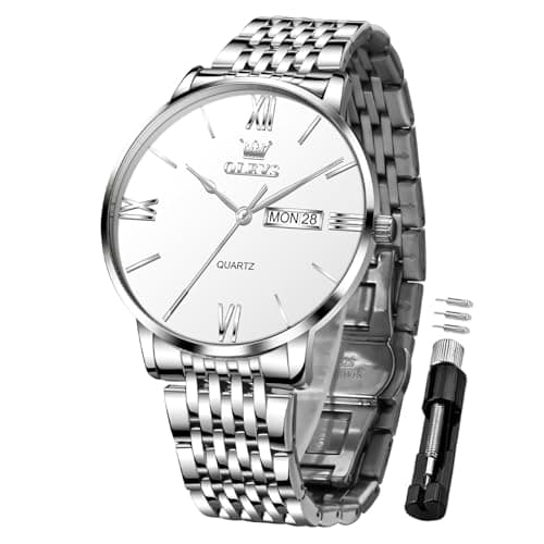 OLEVS Mens Silver Watch Waterproof Watches for Men Silver Mens Watches Dress Stainless Steel Analog Quartz Wrist Watch for Men with Day Date Big Face Classic Roman Numerals Dial Reloj para Hombre - Image 1