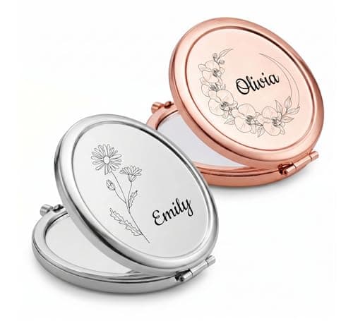 CHENGXINXINXI 2 Pieces of Personalized Engraved mini Portable Double-Sided Makeup Mirror, which can be Engraved with Birthday Flowers and Names. It is a for Young Girls and Female Friends. - Image 1
