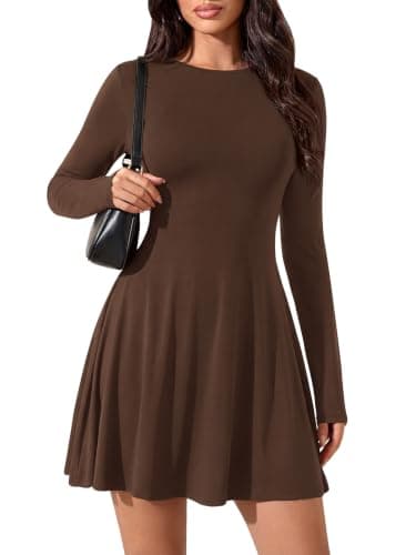 PRETTYGARDEN Long Sleeve Fall Wedding Guest Dresses for Women 2026 Elegant Classy Crewneck Stretchy Sweater Dress Tie Waist (Brown, Small) - Image 1