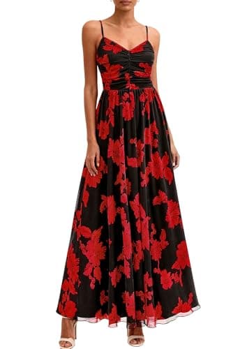 PRETTYGARDEN Women Summer Floral Maxi Dress 2026 Spring Spaghetti Strap Mesh Boho Sundress Party Beach Vacation Long Dresses(Black Red Flower,XX-Large) - Image 1