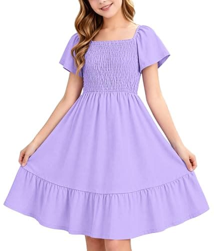 Tween Girl's Summer Short Sleeve Loose Dress Casual Spring Floral Square Neck Midi Dresses 2026 Light Purple 11-12 Years - Image 1