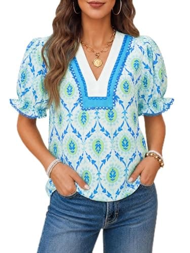 Tankaneo Womens Puff Sleeve Floral Blouse Tops Summer Dressy Casual V Neck Shirts Boho Printed Loose Fit Tees Blue Green - Image 1