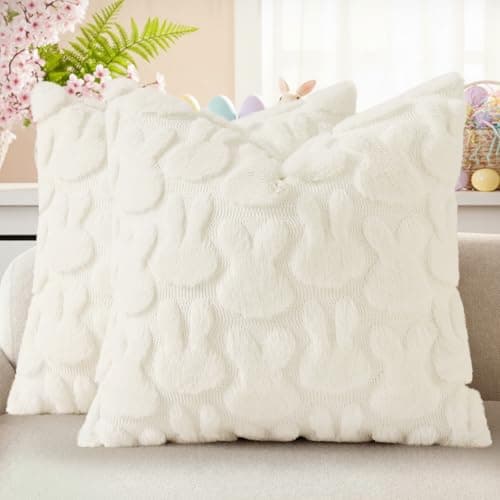 decorUhome Easter Bunny Pillow Covers 20x20 Inch Set of 2, Soft Plush Faux Wool Jacquard Cream White Rabbit Cushion Covers, Farmhouse Neutral Spring Easter Holiday Decor for Couch Sofa Bed