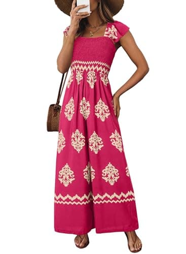 Happy Sailed Womens Jumpsuit Retro Printed Square Neck High Waisted Smocked Wide Leg Rompers Beach Fashion Vacation Outfits Rose XL - Image 1