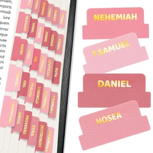 JIAANNING Pink Bible Tabs for Women, 90 Pcs Laminated Gold Foil Large Print Index Tabs, Easy Navigation Tabs for Bible Study & Journaling, Feminine Style