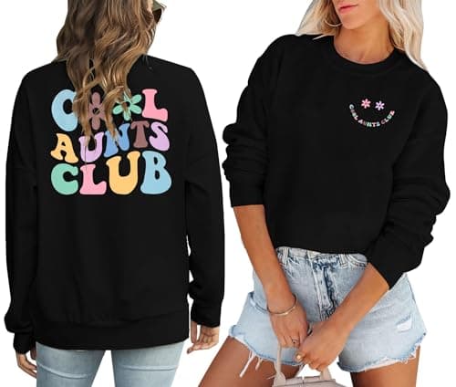 ASTANFY Women's Auntie Cool Aunts Club Crewneck Sweatshirt - Long Sleeve Lightweight Shirt for Aunt Gift - Black - Image 1