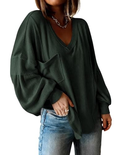 BTFBM Womens Fall Fashion 2026 Long Sleeve Shirts Casual V Neck Ribbed Knit Blouses Pullover Trendy Loose Fit Tunic Tops(Solid Dark Army Green, Small) - Image 1