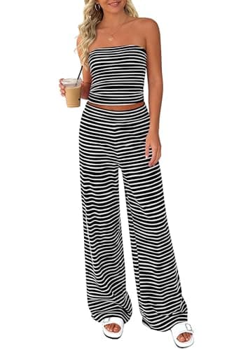 PRETTYGARDEN Two Piece Striped Sets for Women Summer Travel Outfits 2026 Spring Y2K Going Out Vacation Clothes Loungewear (Black White,Large) - Image 1