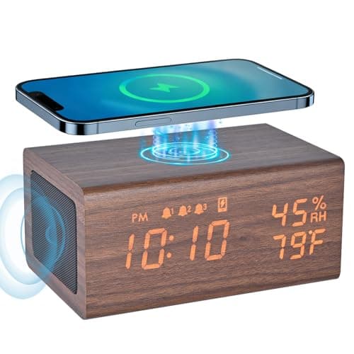 Wooden Digital Alarm Clocks,10W Wireless Charging with 3 Alarms, Dual 5W Stereo Bluetooth Speaker and Light Up with Sound, Adjustable Brightness Date Display Clock for Bedroom, Heavy Sleepers Adults - Image 1