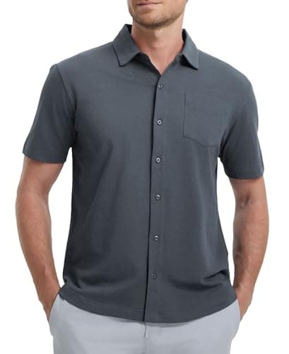 M MAELREG Mens Short Sleeve Button Down Shirt Pique Performence Business Cotton Blend Casual Fitted Shirt for Men Dark Grey - Image 1