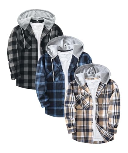 3-Pack Men's Plaid Hooded Button-Up Shirts Long Sleeve Cotton Hoodies Loose Fit Casual Tops Flannel Shirt - Image 1