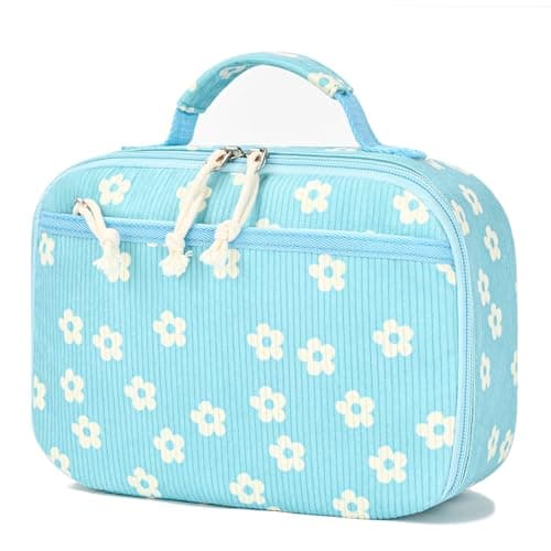 Neverwhy Lunch Box for Women Cute Corduroy Insulated Lunch Bag for Kids Stylish Reusable Lunchbox Large Capacity Snack Bag Cooler for Work, School Travel, Picnic, Blue Flower - Image 1
