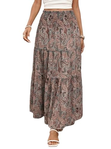 ZAFUL Women’s Summer Boho Maxi Skirts Bohemian Print Smocked High Wasited Flowy TieRust Brown Ruffle Long Beach Skirt Rust Brown XL - Image 1