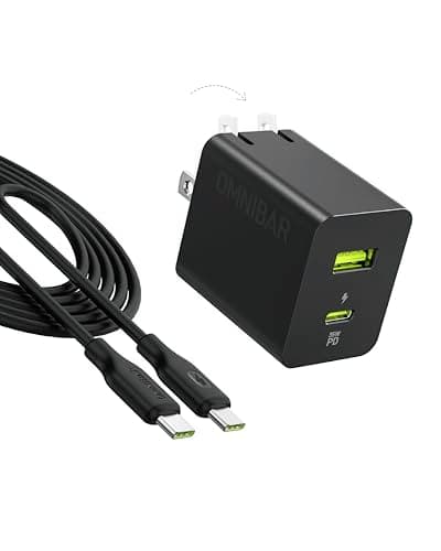 Omnibar 35W USB C Charger, 2-Port GaN Compact Type C Charger Fast Charging Block, Foldable PD 3.0 PPS Power Adapter with 4FT USB-C Cable for iPhone 17 16, Galaxy S26 S25, iPad Pro, Speakers, AirPods 4 - Image 1