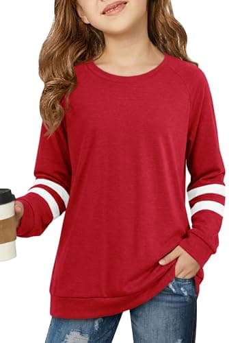Humordream Girls Long Sleeve Shirts Color Block Crew Neck Casual Loose Striped Tunic Tops 5-14 Years Red - Image 1