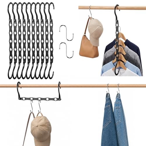 10 Pack Black Space Saving Hangers for Closet Organizers and Storage, 9.4 inch with 5 Enclosed Anti-Slip Hole, Clothing Hangers for Small Apartment & Small Closets and Dorm Room Essentials