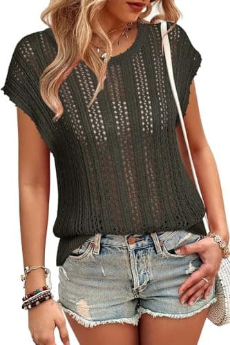 Arach&Cloz Womens Spring Summer 2024 Sweater Vest Cap Sleeve Crew Neck Knit Fashion Casual Sleeveless Tops Clothes Army Green - Image 1