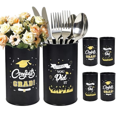 Pack of 6 Graduation Centerpieces Vase for Tables 2026, Galvanized Metal Tin Holder for Flowers Grad Caps Utensil, Congrats Grad Mason Jars for Home Party Decorations Supplies, Black - Image 1